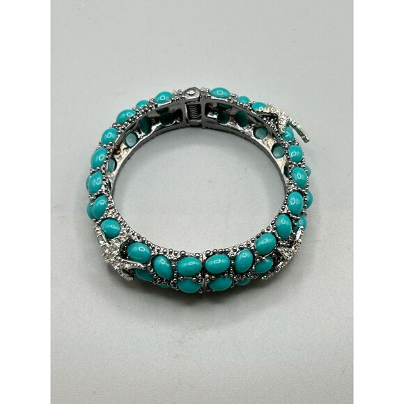 Sea Life Hinged Clamper Bangle Turquoise Cabochon Rhinestones Star Fish Unsigned - Picture 8 of 11
